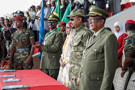 Prime Minister Abiy Ahmed at a parade with military comrades in February 2019